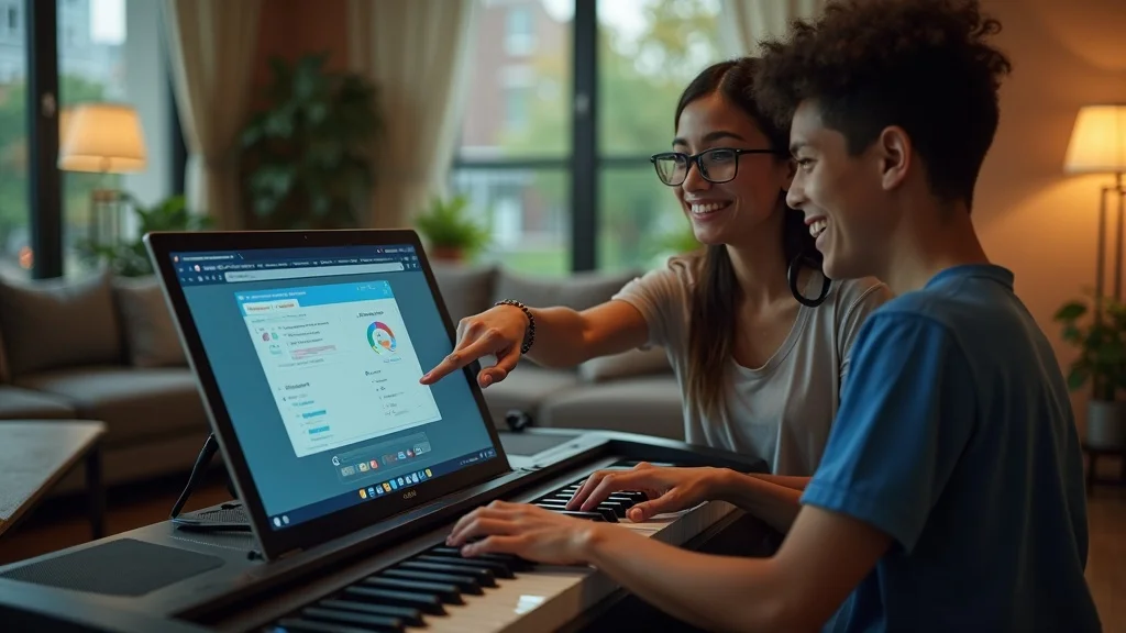 Step-by-step Rocket Piano setup with tech support helping a new learner at laptop and digital piano in a welcoming home environment.