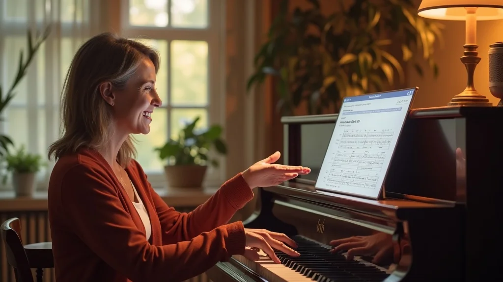 Happy Rocket Piano user showing progress chart on screen at home upright piano, in a cozy office with music décor.