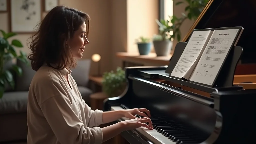 Engaging digital piano course content with Rocket Piano eBook open on a tablet and interactive video lesson beside piano keys in a cozy home setting.