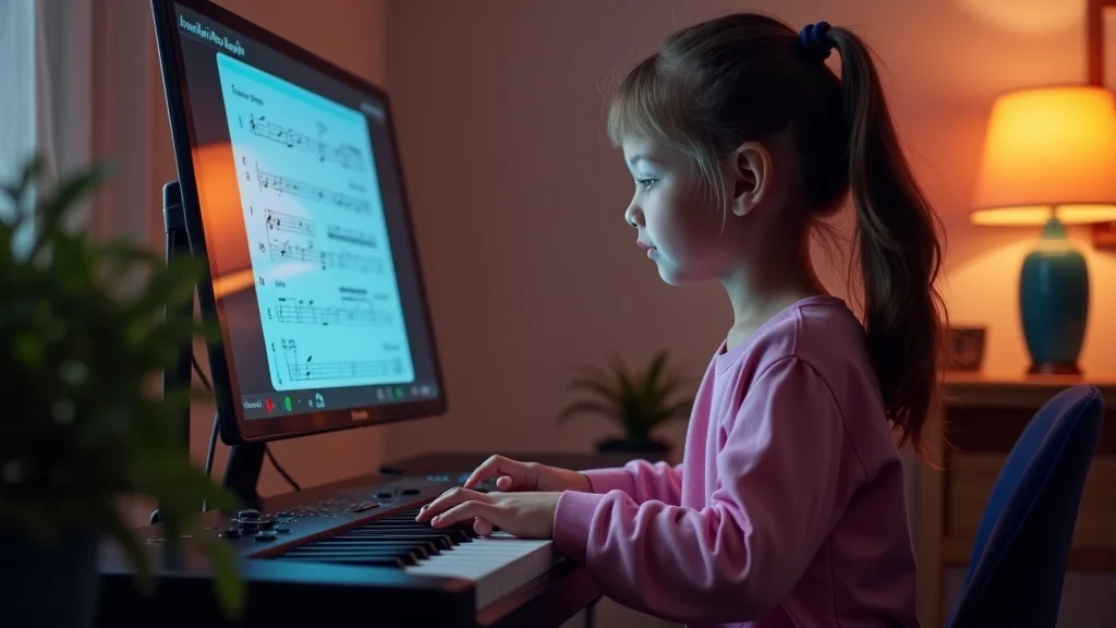 Interactive online piano coaching with Rocket Piano—learner following animated notes on a tablet at a digital keyboard in a bright workspace.