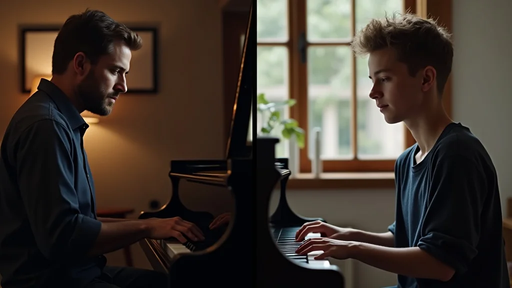 Comparison of in-person piano lesson with student and instructor at grand piano versus online self-paced Rocket Piano learner with digital keyboard at home.